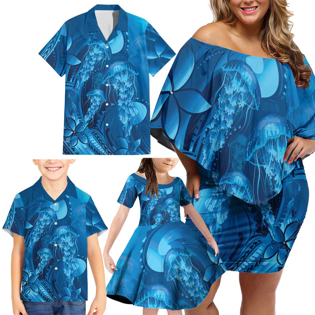Blue Gradient Polynesia Jellyfish Family Matching Off Shoulder Short Dress and Hawaiian Shirt Plumeria Polynesian Tattoo Glowing Vibes