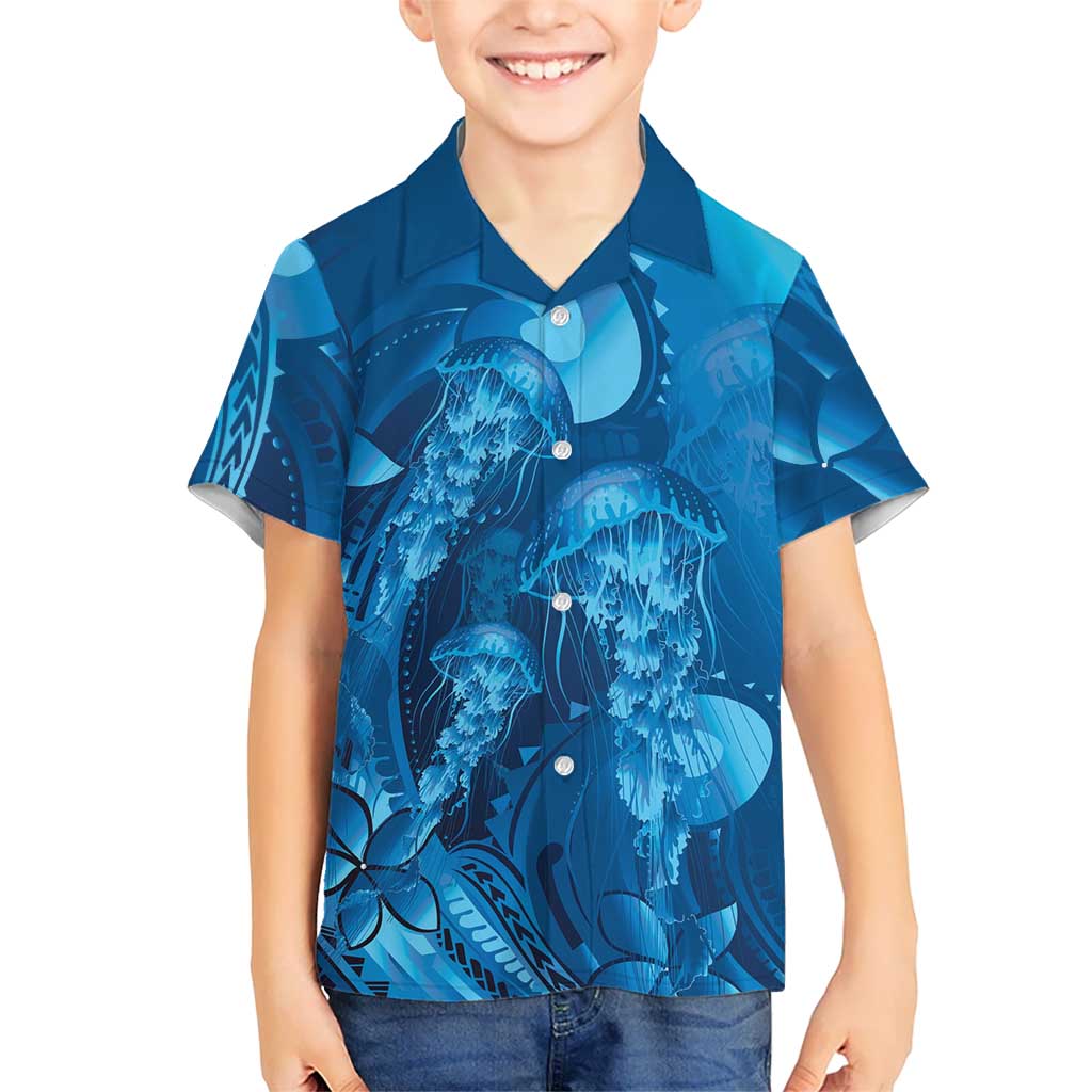Blue Gradient Polynesia Jellyfish Family Matching Off Shoulder Short Dress and Hawaiian Shirt Plumeria Polynesian Tattoo Glowing Vibes