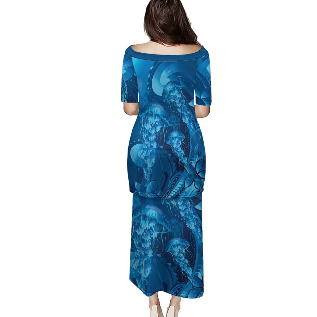 Blue Gradient Polynesia Jellyfish Family Matching Puletasi and Hawaiian Shirt Plumeria Polynesian Tattoo Glowing Vibes
