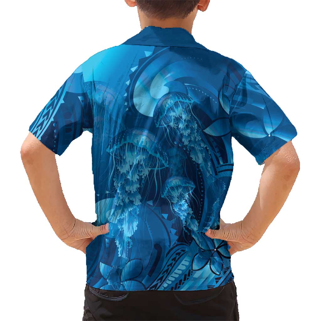 Blue Gradient Polynesia Jellyfish Family Matching Summer Maxi Dress and Hawaiian Shirt Plumeria Polynesian Tattoo Glowing Vibes