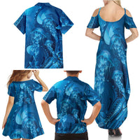 Blue Gradient Polynesia Jellyfish Family Matching Summer Maxi Dress and Hawaiian Shirt Plumeria Polynesian Tattoo Glowing Vibes