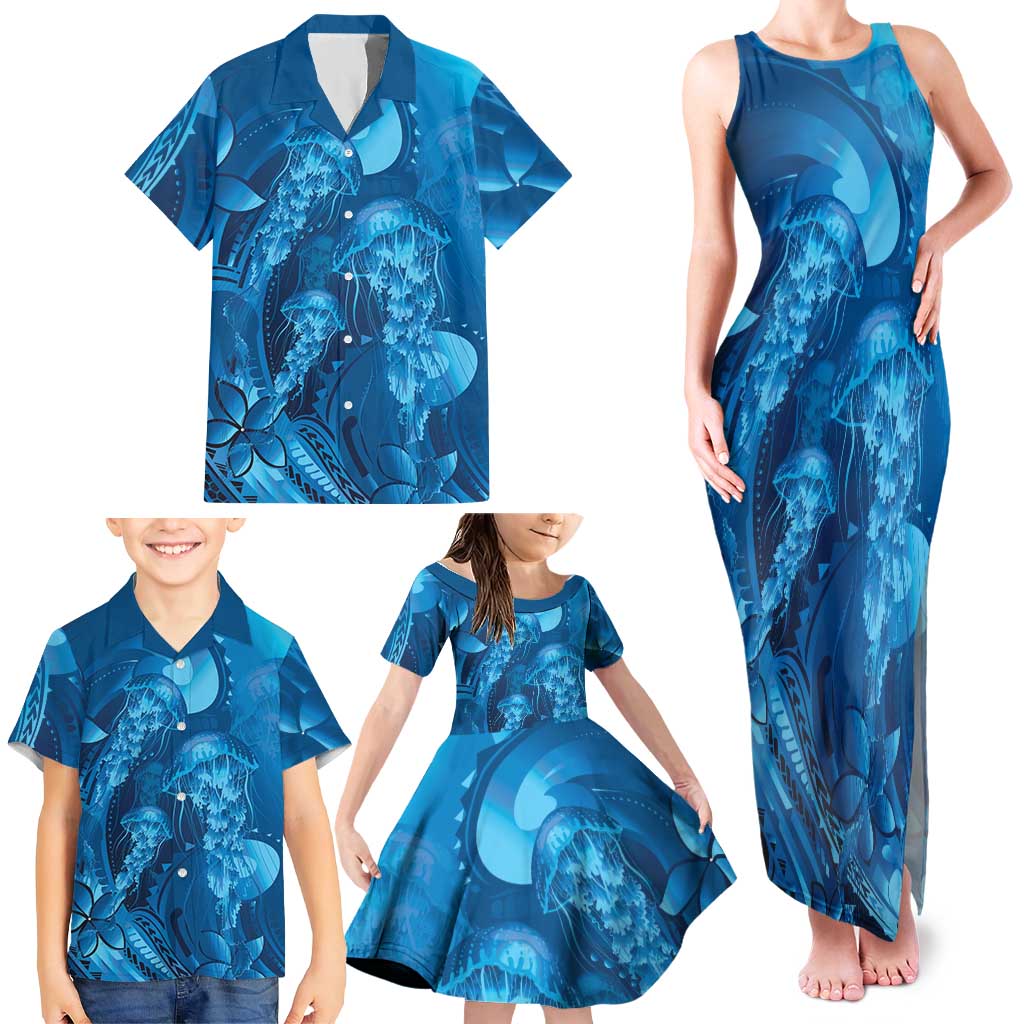Blue Gradient Polynesia Jellyfish Family Matching Tank Maxi Dress and Hawaiian Shirt Plumeria Polynesian Tattoo Glowing Vibes LT14 - Polynesian Pride