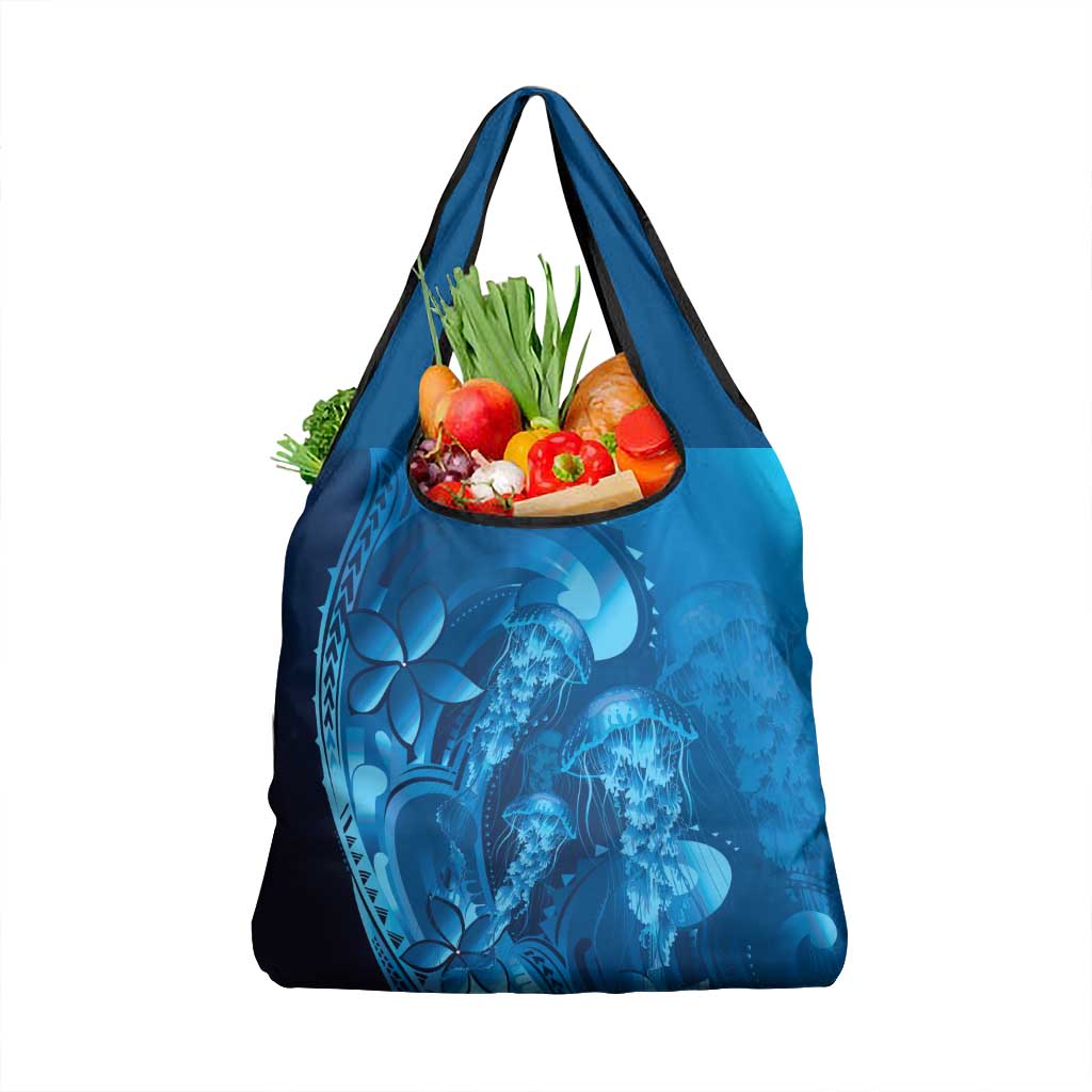Blue Gradient Polynesia Jellyfish Grocery Bag Plumeria Polynesian Tattoo Glowing Vibes