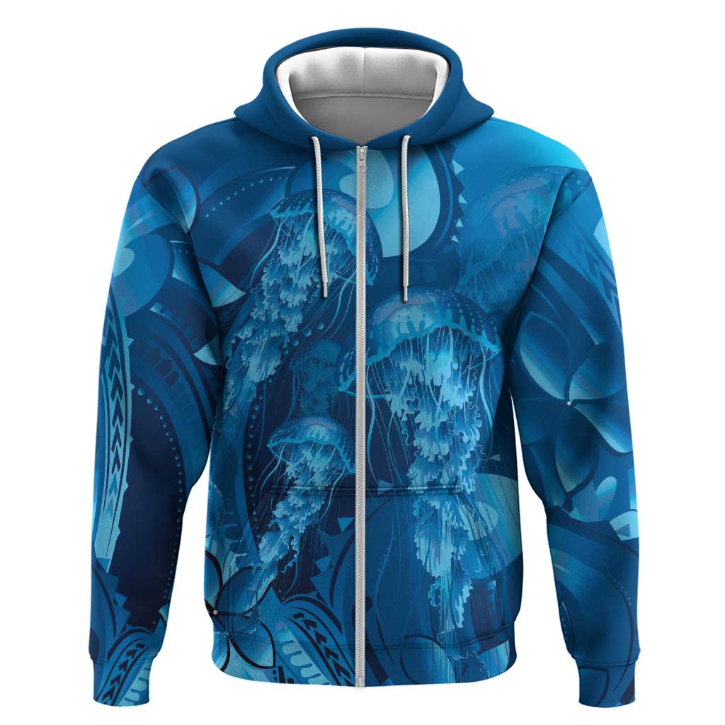 Blue Gradient Polynesia Jellyfish Hoodie Plumeria Polynesian Tattoo Glowing Vibes