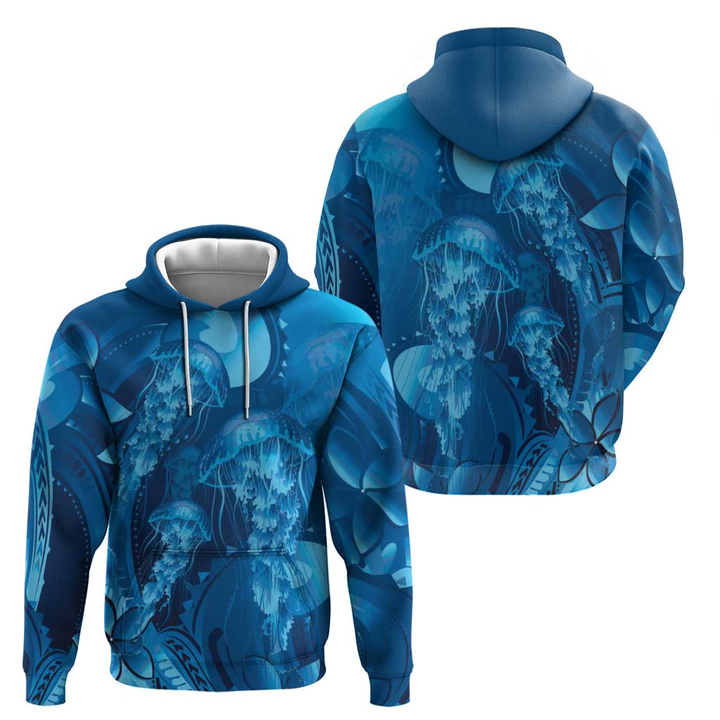 Blue Gradient Polynesia Jellyfish Hoodie Plumeria Polynesian Tattoo Glowing Vibes
