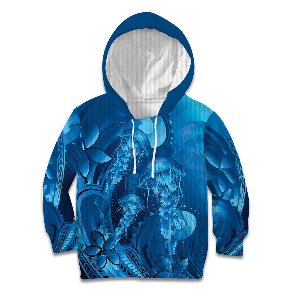 Blue Gradient Polynesia Jellyfish Kid Hoodie Plumeria Polynesian Tattoo Glowing Vibes
