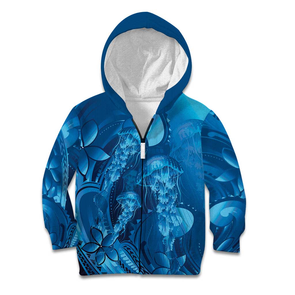 Blue Gradient Polynesia Jellyfish Kid Hoodie Plumeria Polynesian Tattoo Glowing Vibes