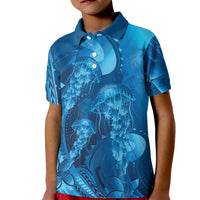 Blue Gradient Polynesia Jellyfish Kid Polo Shirt Plumeria Polynesian Tattoo Glowing Vibes