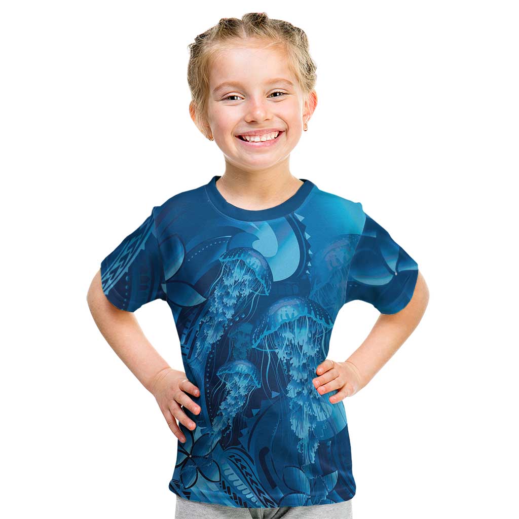 Blue Gradient Polynesia Jellyfish Kid T Shirt Plumeria Polynesian Tattoo Glowing Vibes