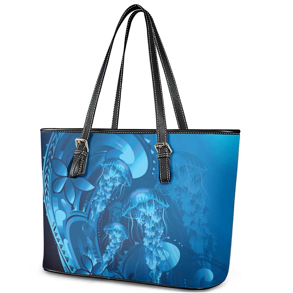 Blue Gradient Polynesia Jellyfish Leather Tote Bag Plumeria Polynesian Tattoo Glowing Vibes