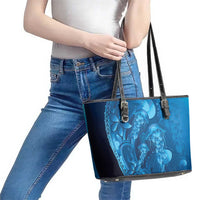 Blue Gradient Polynesia Jellyfish Leather Tote Bag Plumeria Polynesian Tattoo Glowing Vibes