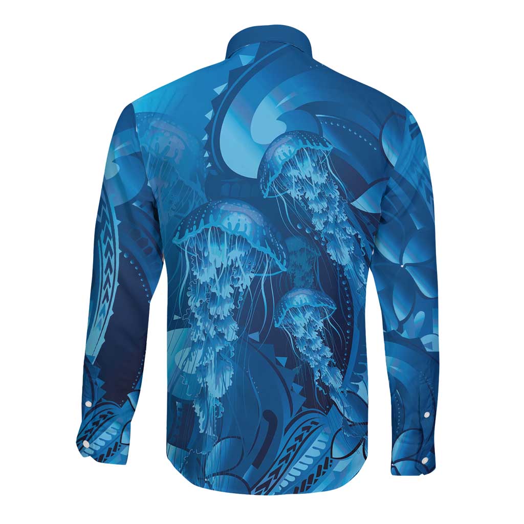 Blue Gradient Polynesia Jellyfish Long Sleeve Button Shirt Plumeria Polynesian Tattoo Glowing Vibes