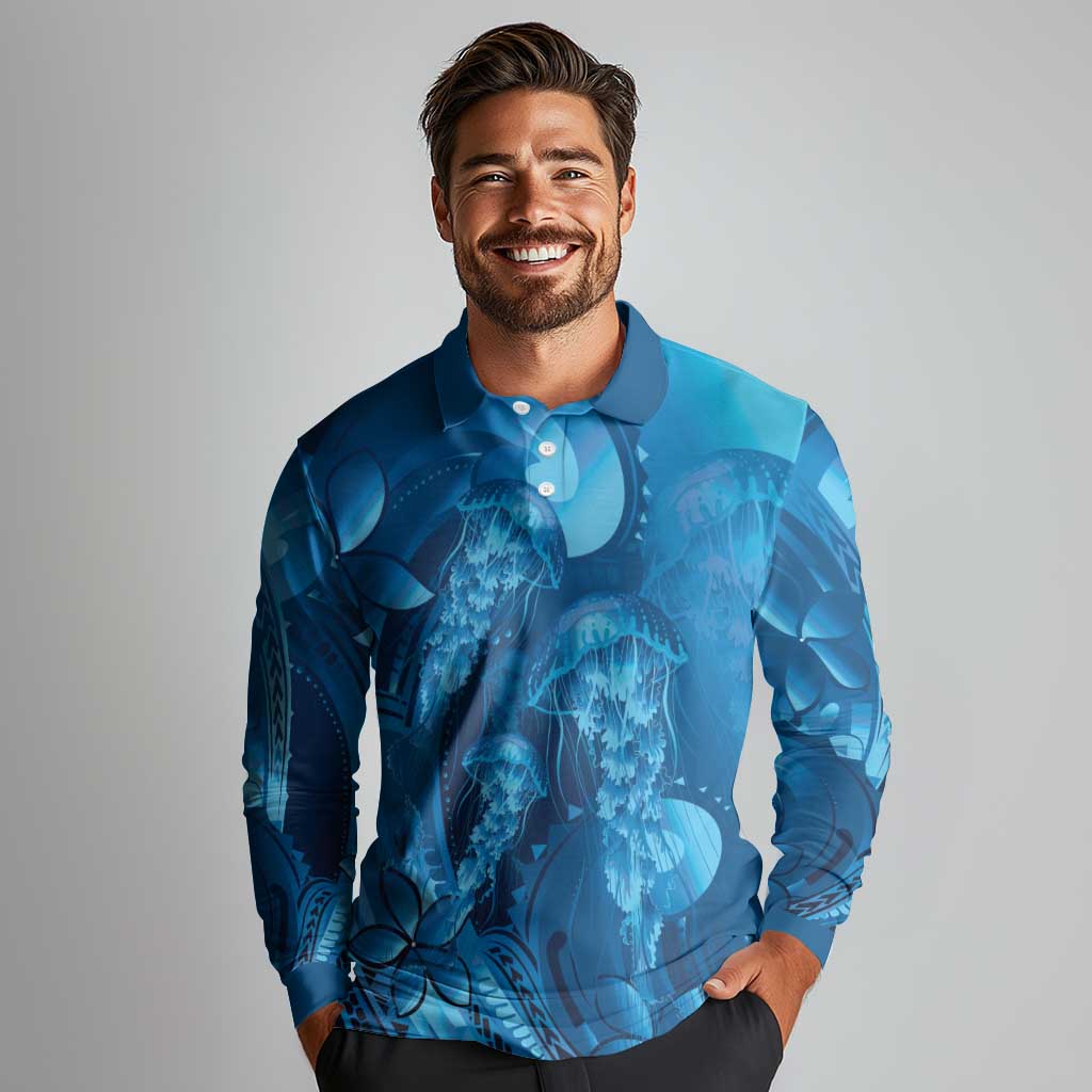 Blue Gradient Polynesia Jellyfish Long Sleeve Polo Shirt Plumeria Polynesian Tattoo Glowing Vibes