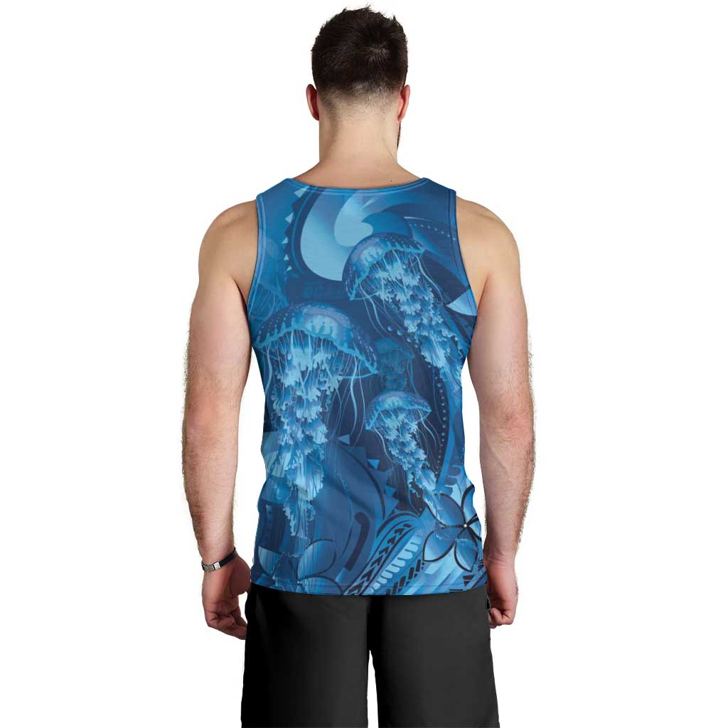 Blue Gradient Polynesia Jellyfish Men Tank Top Plumeria Polynesian Tattoo Glowing Vibes