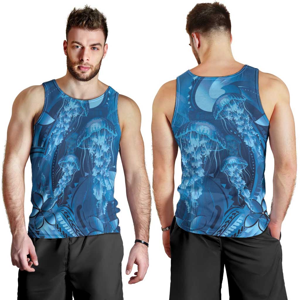 Blue Gradient Polynesia Jellyfish Men Tank Top Plumeria Polynesian Tattoo Glowing Vibes