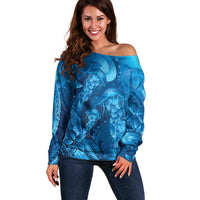 Blue Gradient Polynesia Jellyfish Off Shoulder Sweater Plumeria Polynesian Tattoo Glowing Vibes