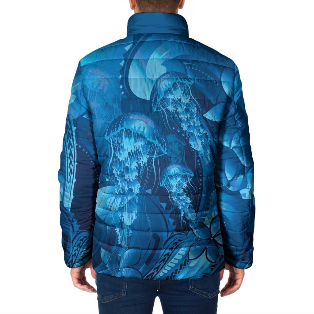 Blue Gradient Polynesia Jellyfish Padded Jacket Plumeria Polynesian Tattoo Glowing Vibes