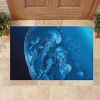 Blue Gradient Polynesia Jellyfish Rubber Doormat Plumeria Polynesian Tattoo Glowing Vibes