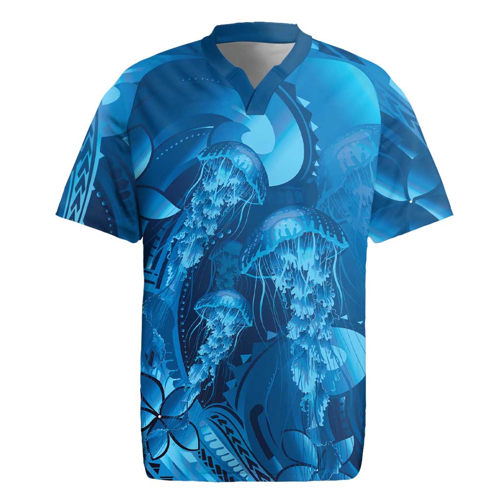 Blue Gradient Polynesia Jellyfish Rugby Jersey Plumeria Polynesian Tattoo Glowing Vibes