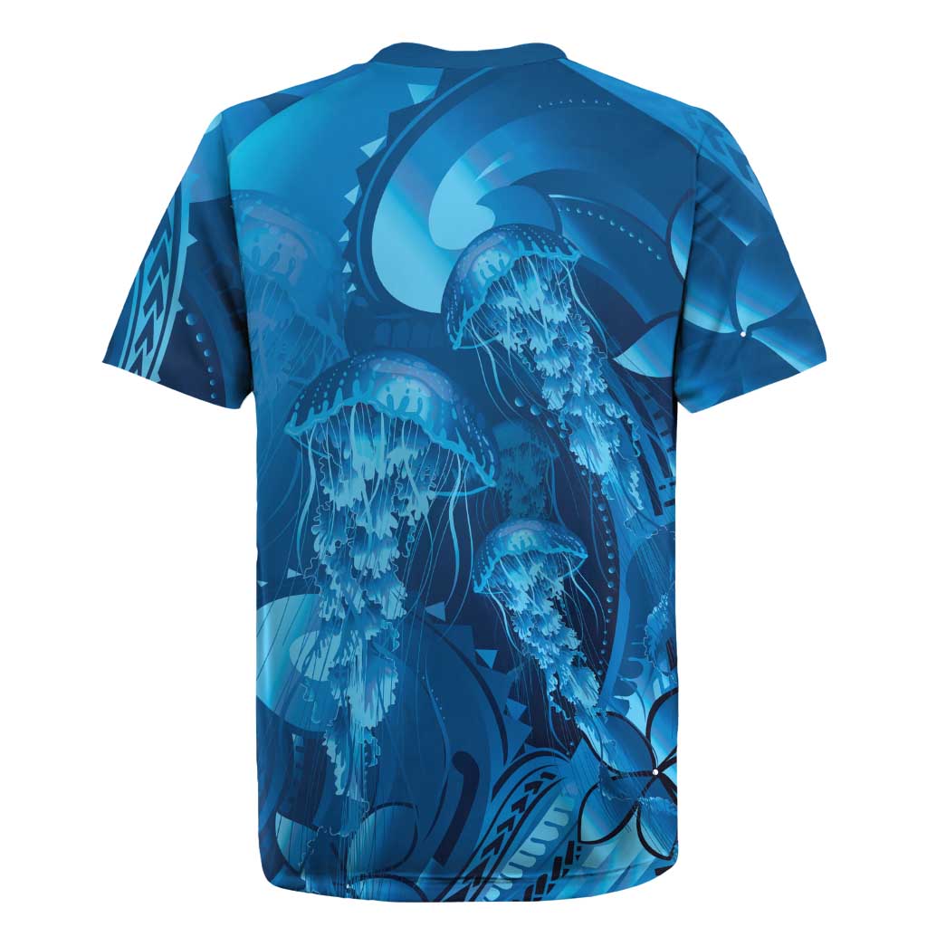 Blue Gradient Polynesia Jellyfish Rugby Jersey Plumeria Polynesian Tattoo Glowing Vibes