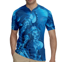 Blue Gradient Polynesia Jellyfish Rugby Jersey Plumeria Polynesian Tattoo Glowing Vibes