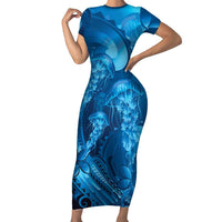 Blue Gradient Polynesia Jellyfish Short Sleeve Bodycon Dress Plumeria Polynesian Tattoo Glowing Vibes