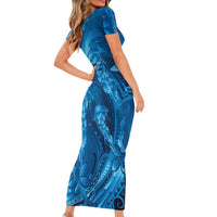 Blue Gradient Polynesia Jellyfish Short Sleeve Bodycon Dress Plumeria Polynesian Tattoo Glowing Vibes
