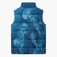 Blue Gradient Polynesia Jellyfish Sleeveless Puffer Jacket Plumeria Polynesian Tattoo Glowing Vibes