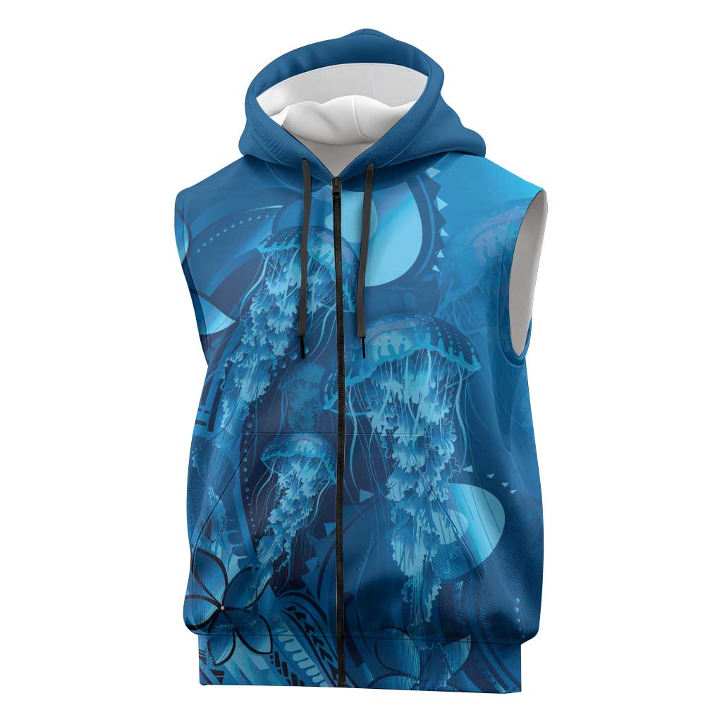 Blue Gradient Polynesia Jellyfish Sleeveless Zip Hoodie Plumeria Polynesian Tattoo Glowing Vibes