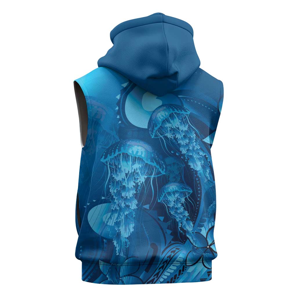 Blue Gradient Polynesia Jellyfish Sleeveless Zip Hoodie Plumeria Polynesian Tattoo Glowing Vibes