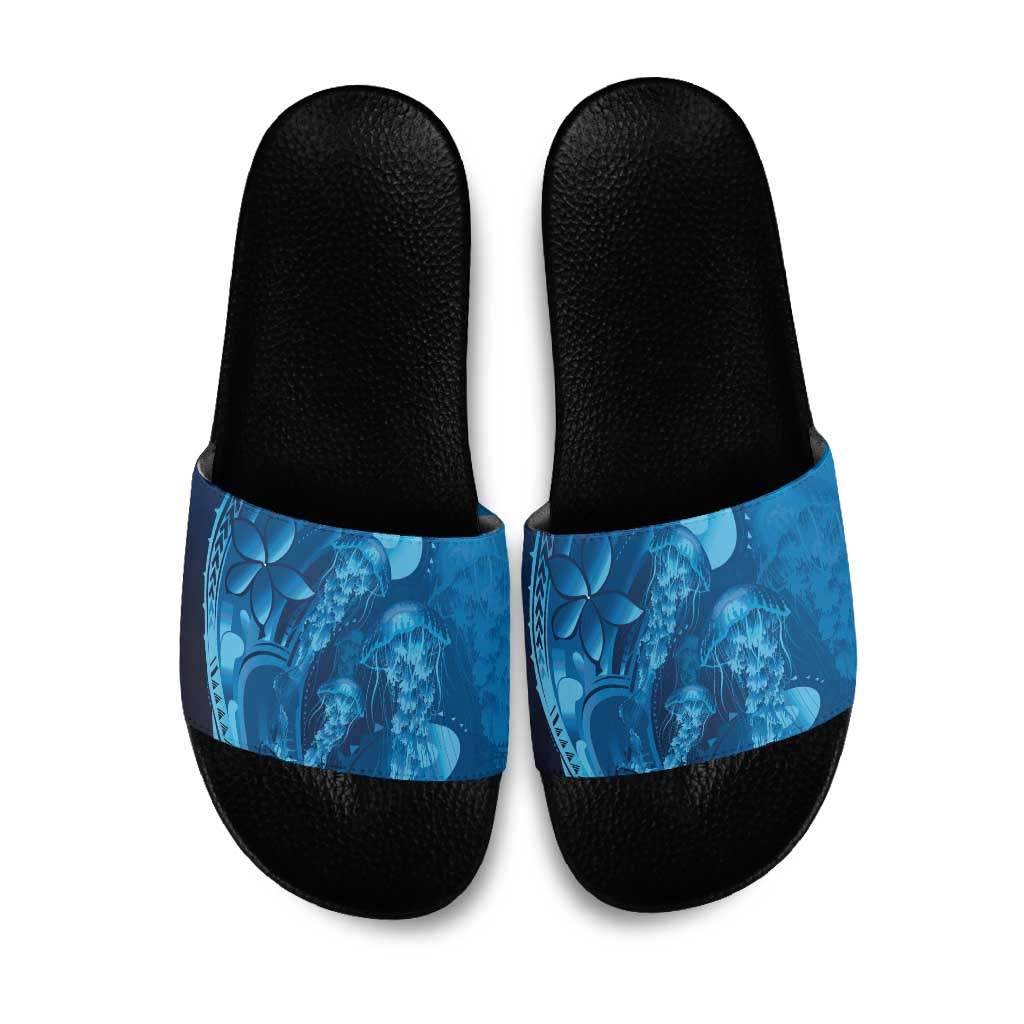 Blue Gradient Polynesia Jellyfish Slide Sandals Plumeria Polynesian Tattoo Glowing Vibes