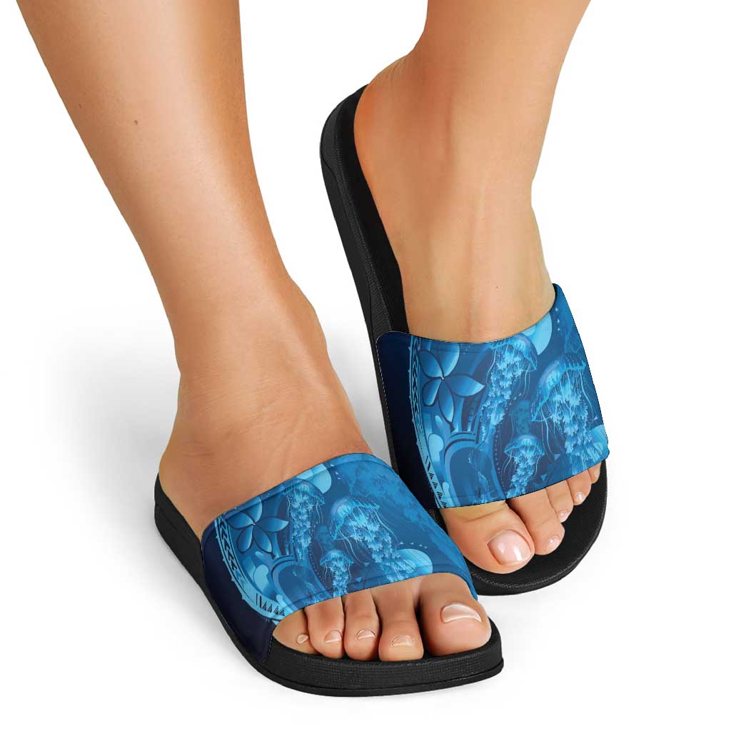 Blue Gradient Polynesia Jellyfish Slide Sandals Plumeria Polynesian Tattoo Glowing Vibes
