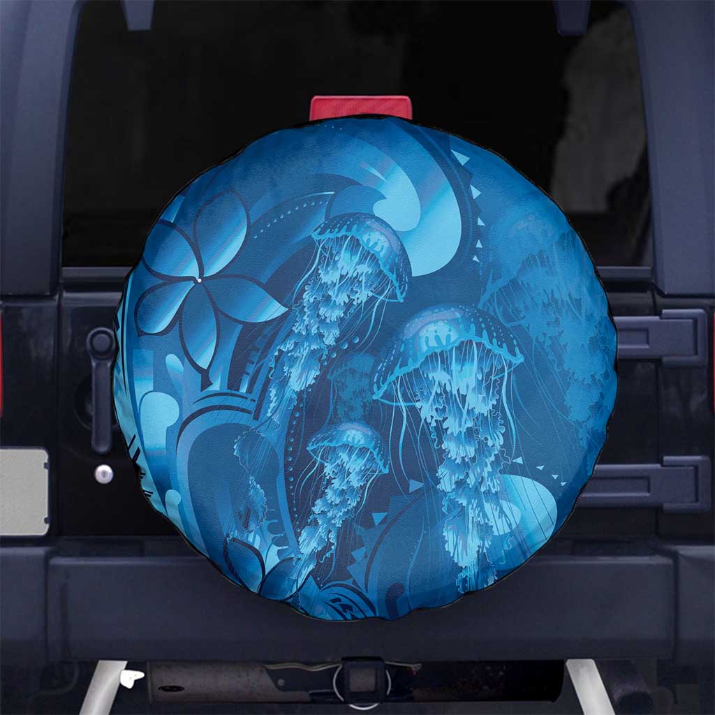 Blue Gradient Polynesia Jellyfish Spare Tire Cover Plumeria Polynesian Tattoo Glowing Vibes