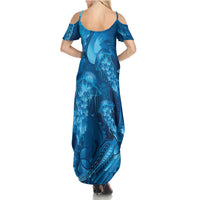 Blue Gradient Polynesia Jellyfish Summer Maxi Dress Plumeria Polynesian Tattoo Glowing Vibes
