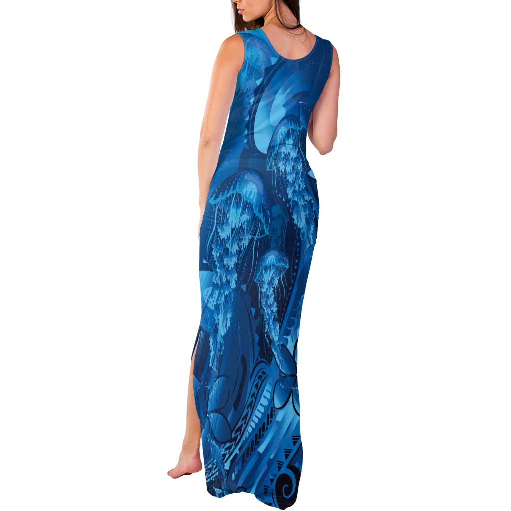 Blue Gradient Polynesia Jellyfish Tank Maxi Dress Plumeria Polynesian Tattoo Glowing Vibes