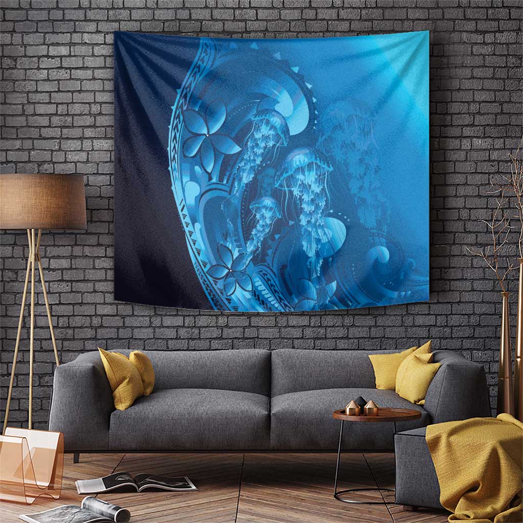 Blue Gradient Polynesia Jellyfish Tapestry Plumeria Polynesian Tattoo Glowing Vibes
