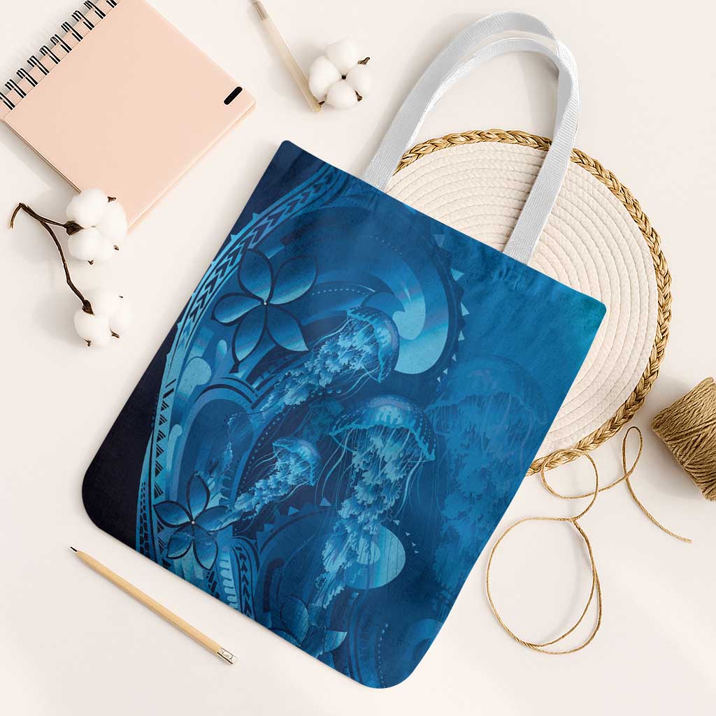 Blue Gradient Polynesia Jellyfish Tote Bag Plumeria Polynesian Tattoo Glowing Vibes