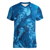 Blue Gradient Polynesia Jellyfish Women V-Neck T-Shirt Plumeria Polynesian Tattoo Glowing Vibes