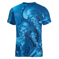 Blue Gradient Polynesia Jellyfish Women V-Neck T-Shirt Plumeria Polynesian Tattoo Glowing Vibes