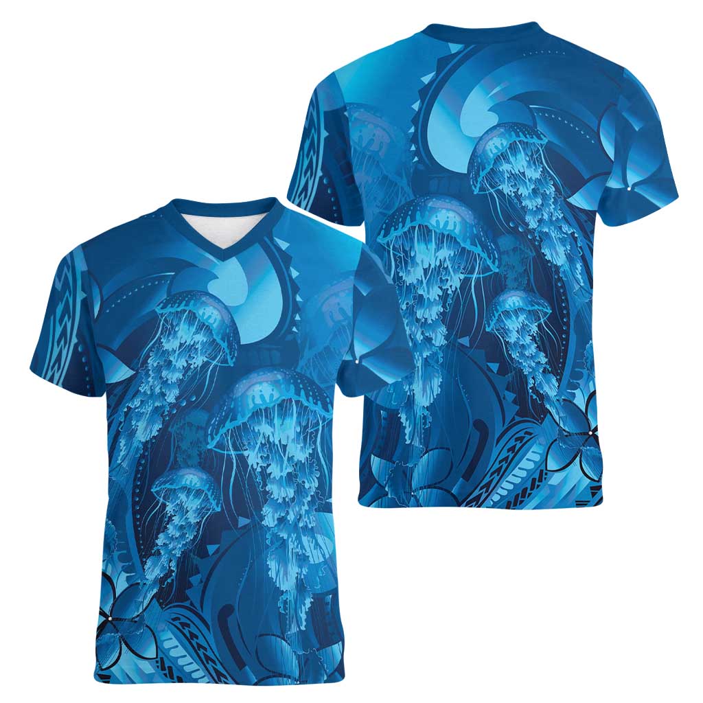 Blue Gradient Polynesia Jellyfish Women V-Neck T-Shirt Plumeria Polynesian Tattoo Glowing Vibes