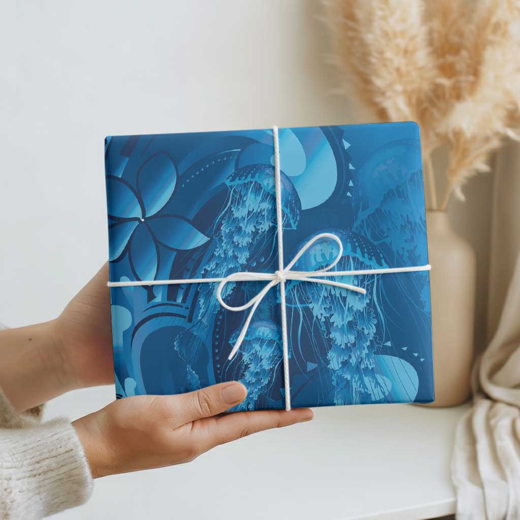 Blue Gradient Polynesia Jellyfish Wrapping Paper Plumeria Polynesian Tattoo Glowing Vibes
