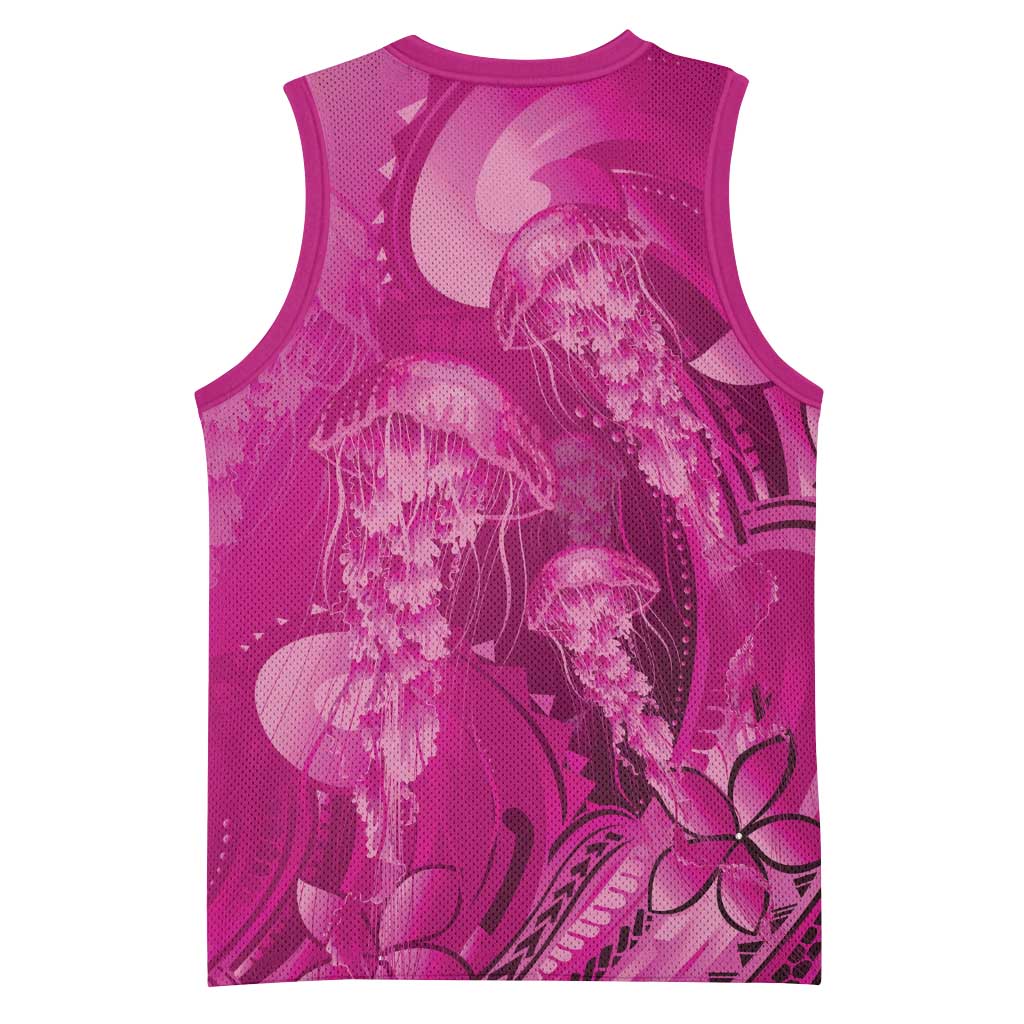 Pink Gradient Polynesia Jellyfish Basketball Jersey Plumeria Polynesian Tattoo Glowing Vibes