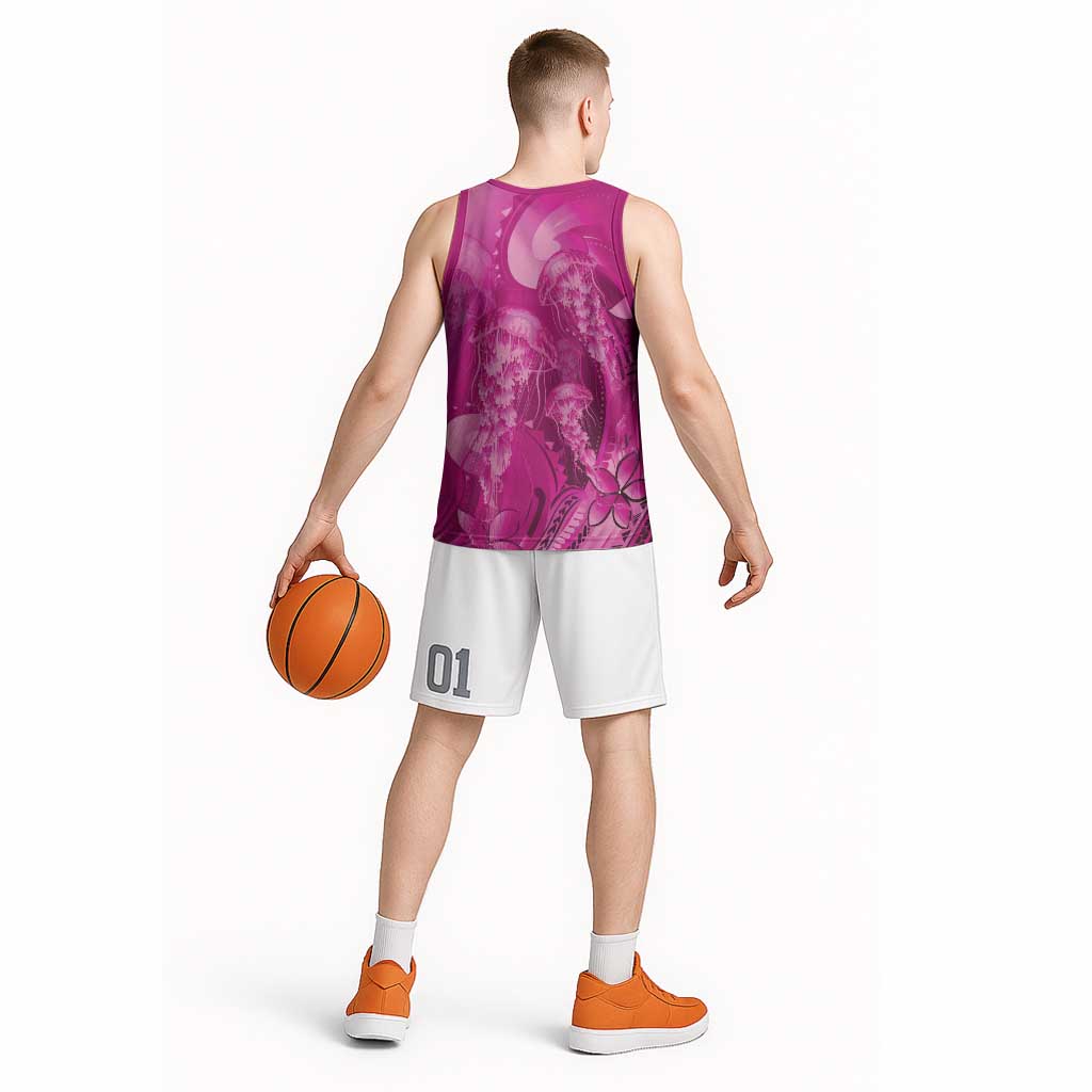 Pink Gradient Polynesia Jellyfish Basketball Jersey Plumeria Polynesian Tattoo Glowing Vibes