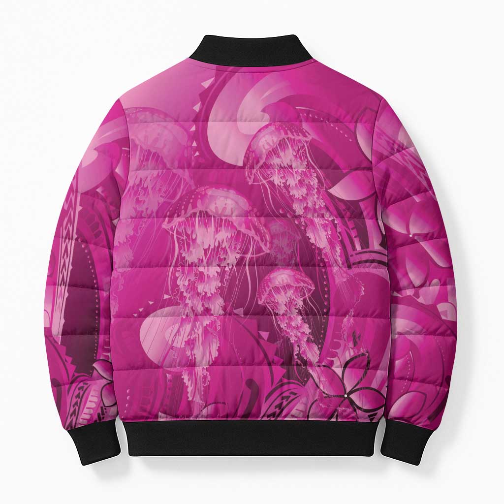 Pink Gradient Polynesia Jellyfish Bomber Puffer Jacket Plumeria Polynesian Tattoo Glowing Vibes
