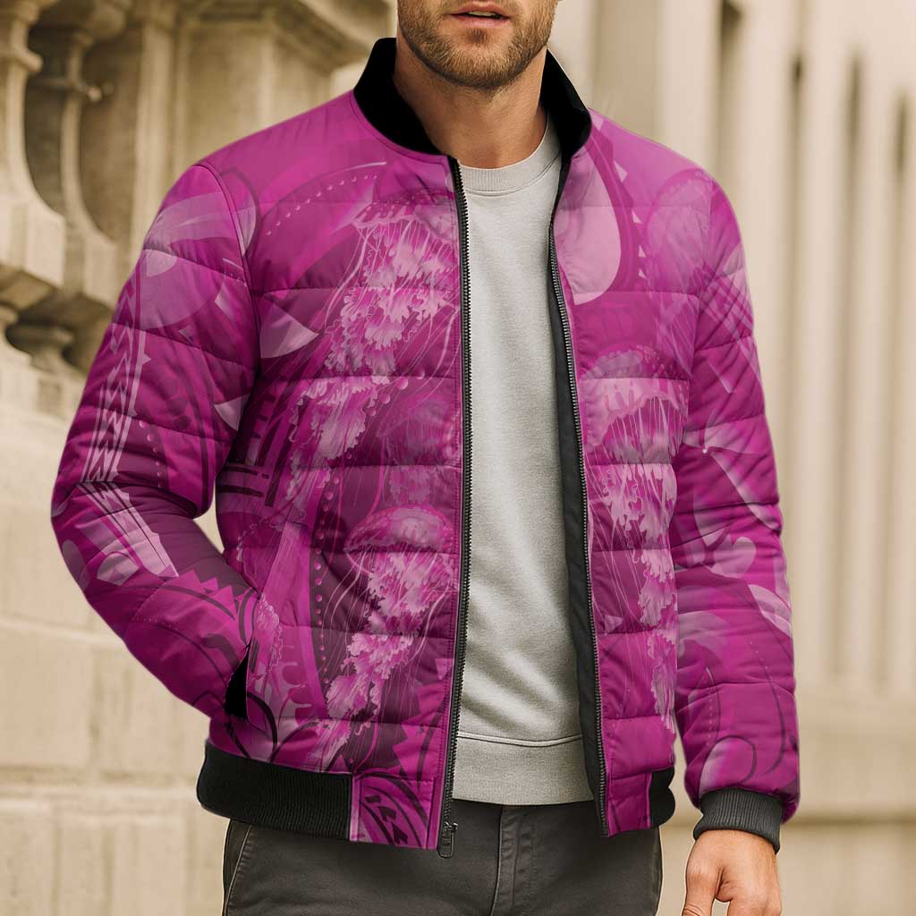 Pink Gradient Polynesia Jellyfish Bomber Puffer Jacket Plumeria Polynesian Tattoo Glowing Vibes