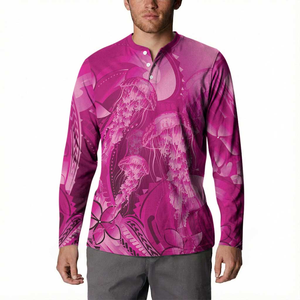 Pink Gradient Polynesia Jellyfish Button Sweatshirt Plumeria Polynesian Tattoo Glowing Vibes