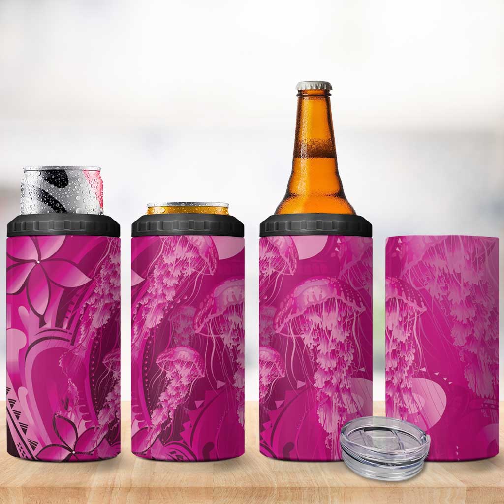 Pink Gradient Polynesia Jellyfish 4 in 1 Can Cooler Tumbler Plumeria Polynesian Tattoo Glowing Vibes