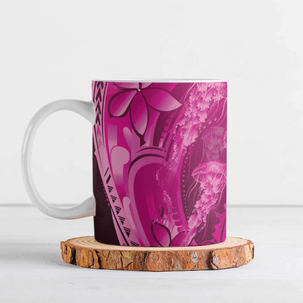 Pink Gradient Polynesia Jellyfish Ceramic Mug Plumeria Polynesian Tattoo Glowing Vibes