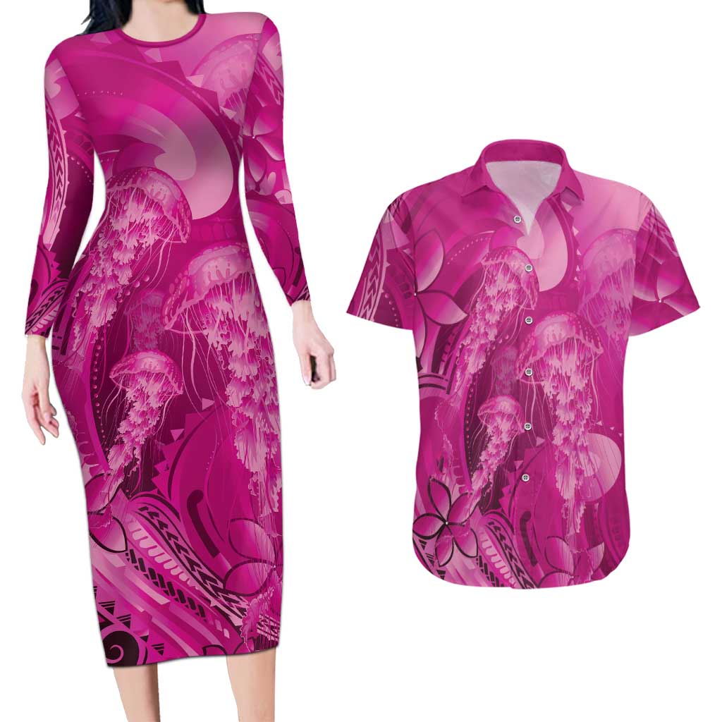 Pink Gradient Polynesia Jellyfish Couples Matching Long Sleeve Bodycon Dress and Hawaiian Shirt Plumeria Polynesian Tattoo Glowing Vibes