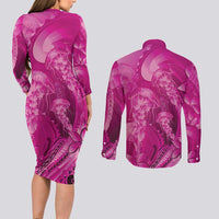 Pink Gradient Polynesia Jellyfish Couples Matching Long Sleeve Bodycon Dress and Long Sleeve Button Shirt Plumeria Polynesian Tattoo Glowing Vibes